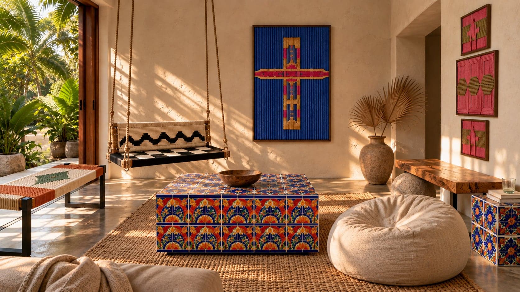 A sunlit room with a tiled Talavera table, a woven cross on the wall, a woven rope swing and a woven bench